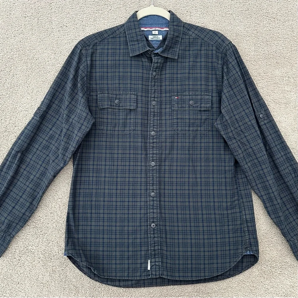 Tommy Hilfiger Green & Navy Checkered Plaid Button Down Shirt